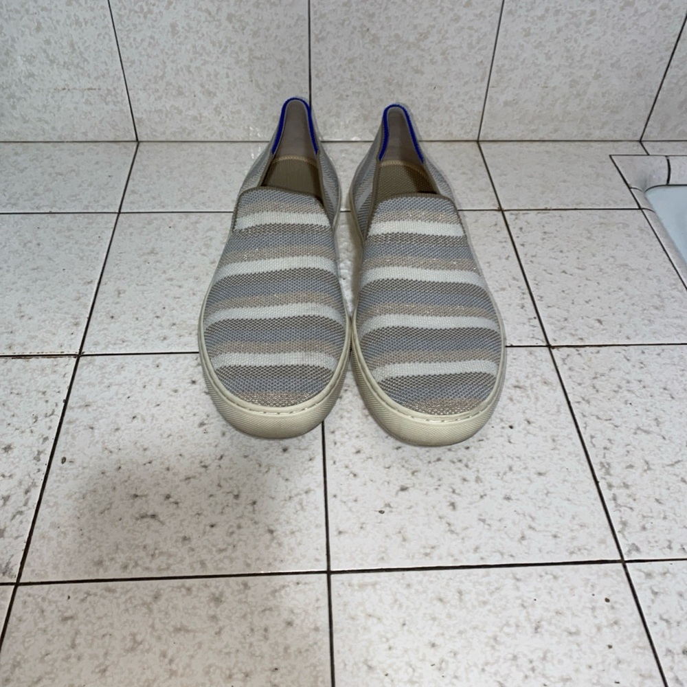 Rothys The Sneaker Slip On Shoes Womens Size 8.5 Burch Stripe gold Blue Comfort